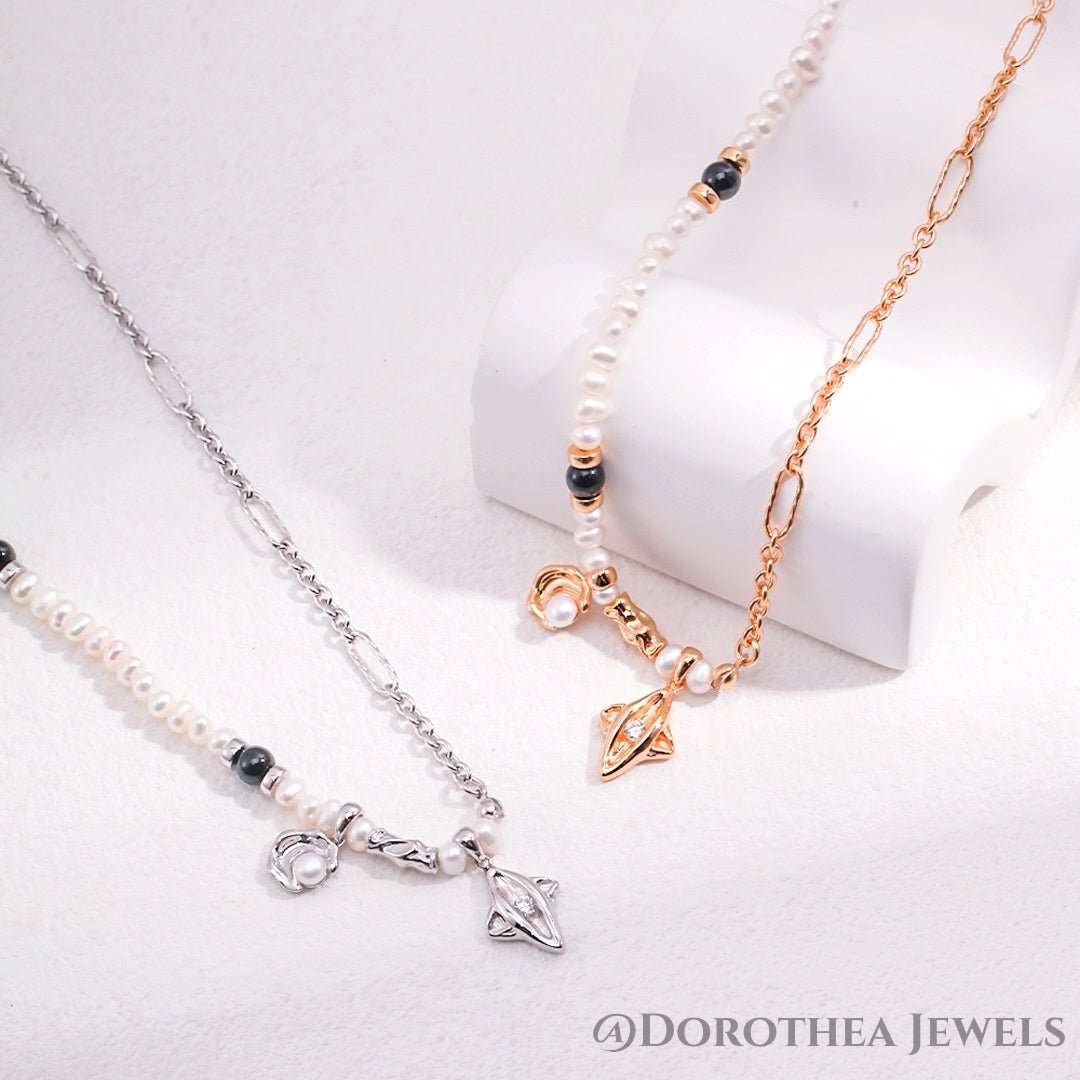 Moon & Star Series Sterling Silver Pearl Necklace - DOROTHEA JEWELS
