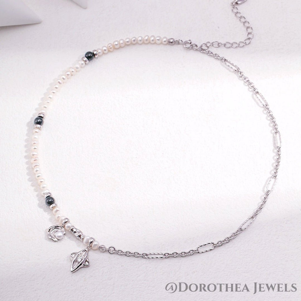 Moon & Star Series Sterling Silver Pearl Necklace - DOROTHEA JEWELS