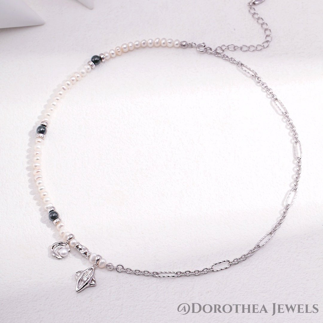 Moon & Star Series Sterling Silver Pearl Necklace - DOROTHEA JEWELS