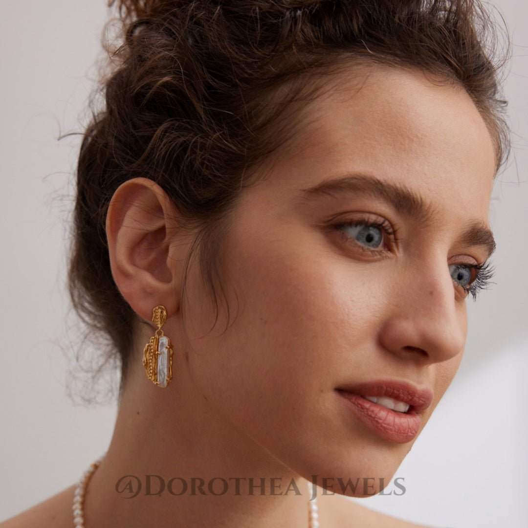 Textured Gold Baroque Pearl Drop Earrings - DOROTHEA JEWELS