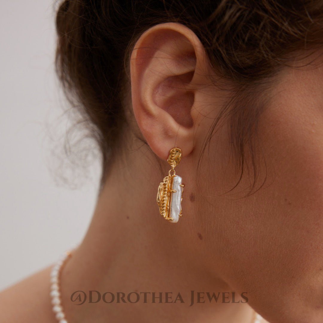 Textured Gold Baroque Pearl Drop Earrings - DOROTHEA JEWELS