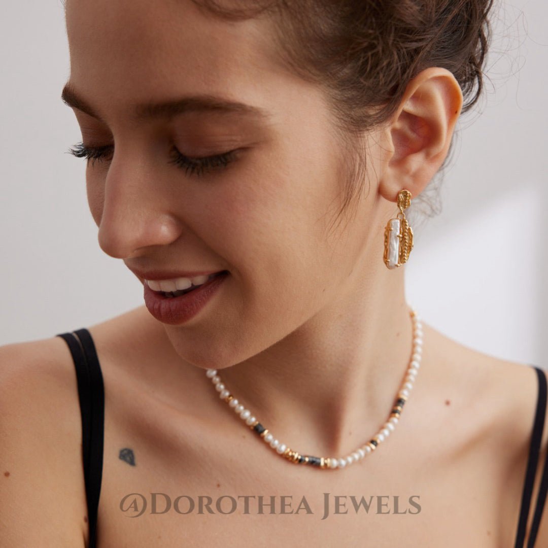 Textured Gold Baroque Pearl Drop Earrings - DOROTHEA JEWELS