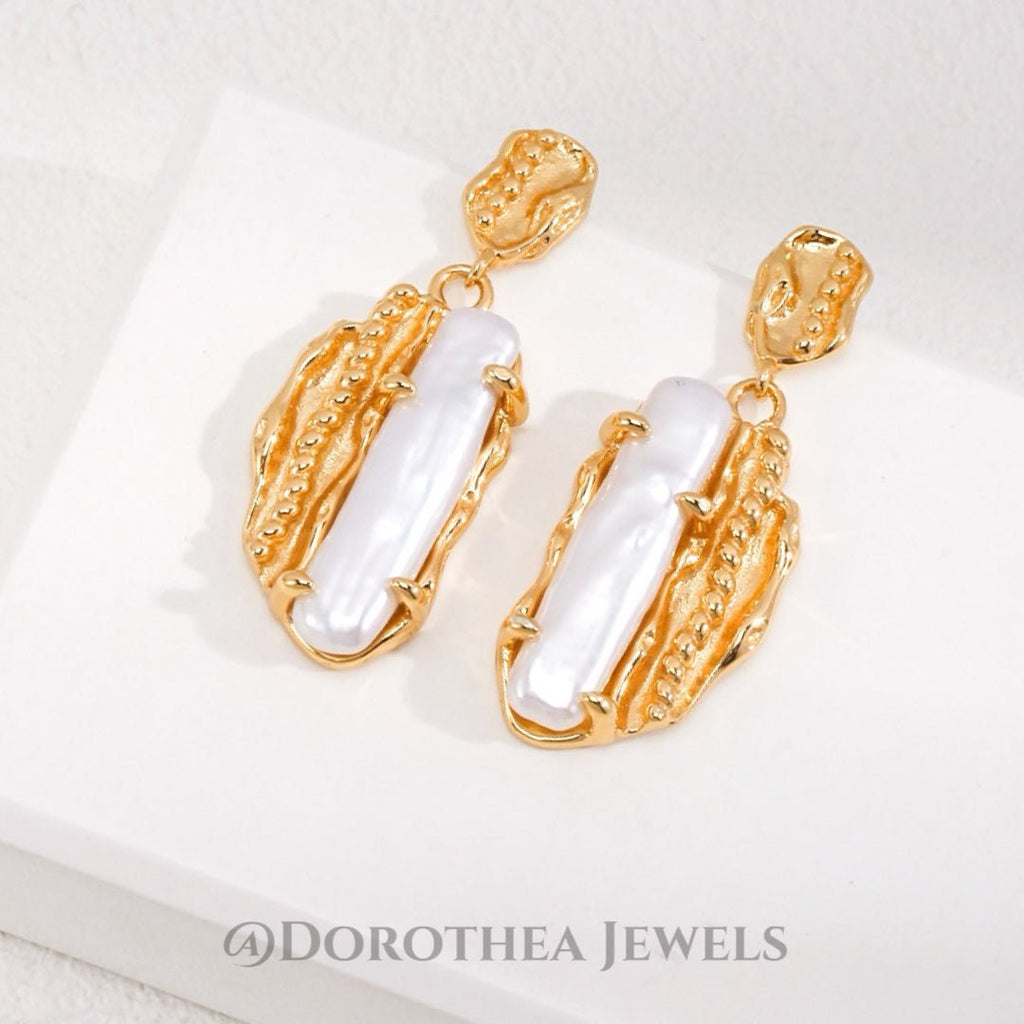 Textured Gold Baroque Pearl Drop Earrings - DOROTHEA JEWELS