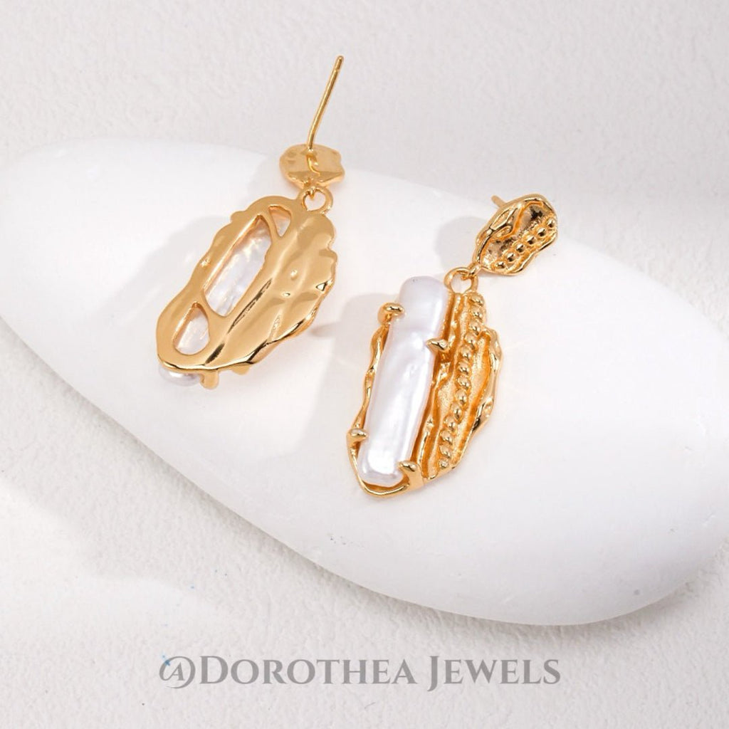 Textured Gold Baroque Pearl Drop Earrings - DOROTHEA JEWELS