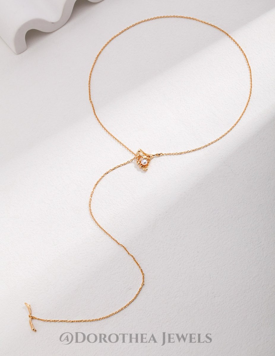 Ginkgo Leaf Design Sterling Silver Pearl Necklace - DOROTHEA JEWELS