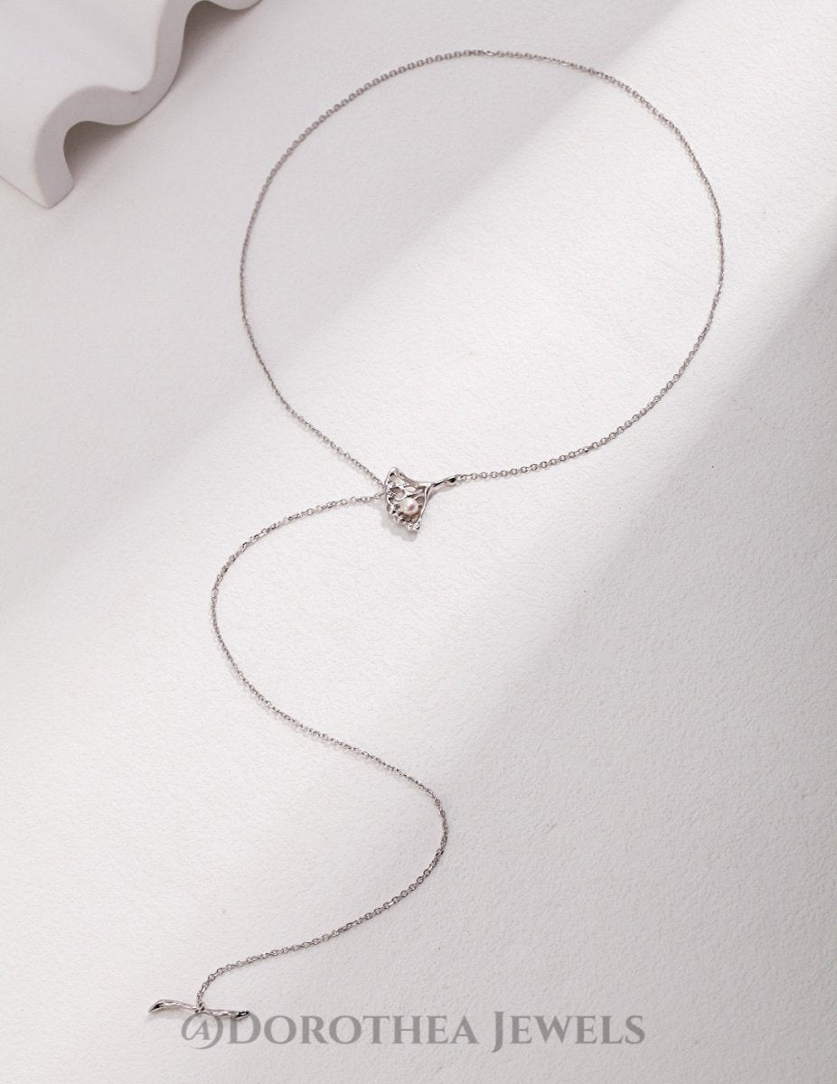 Ginkgo Leaf Design Sterling Silver Pearl Necklace - DOROTHEA JEWELS