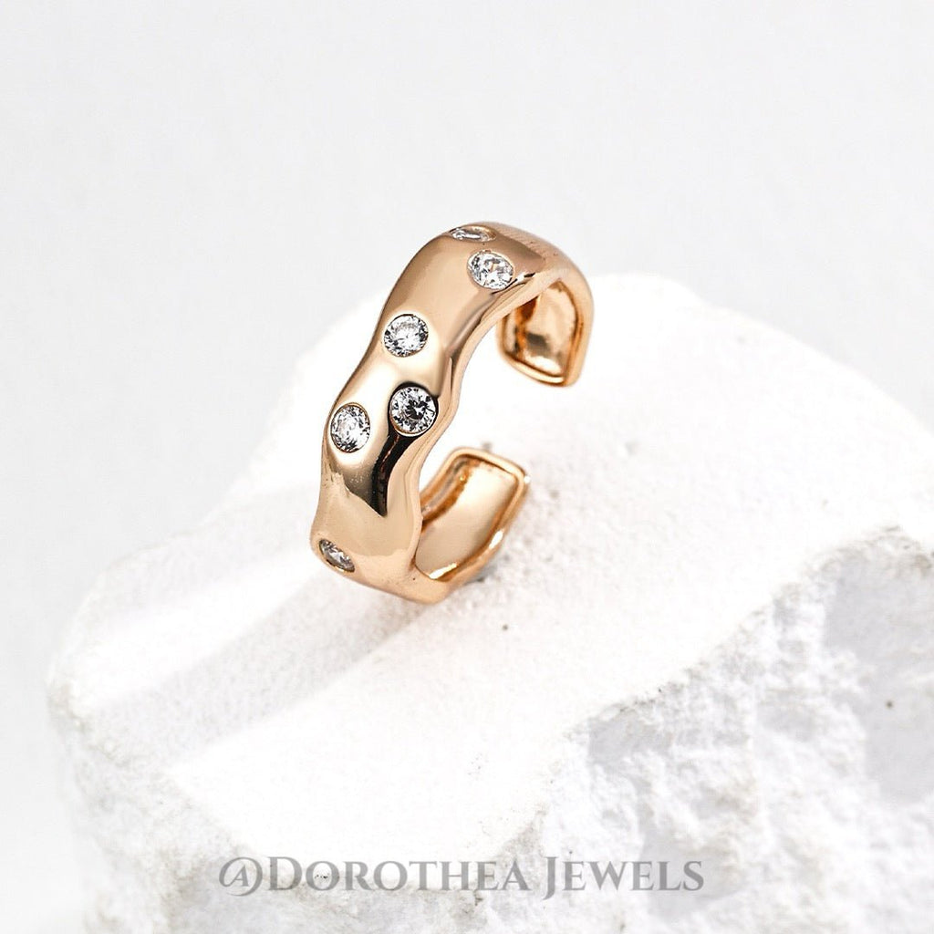 Wavy Crystal - Embellished Open Ring - DOROTHEA JEWELS