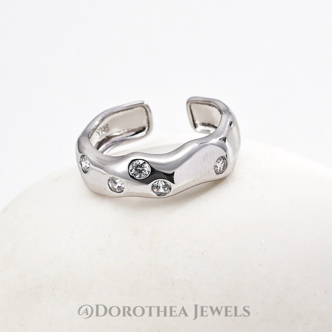 Wavy Crystal - Embellished Open Ring - DOROTHEA JEWELS