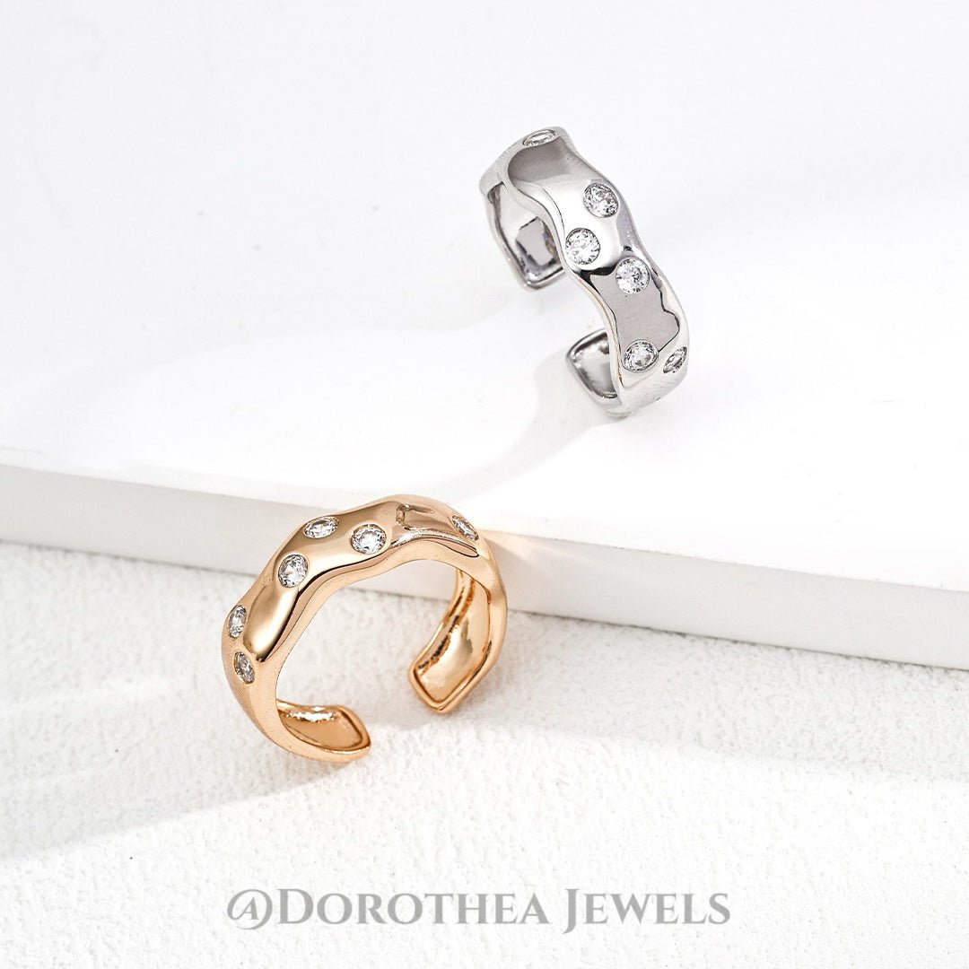 Wavy Crystal - Embellished Open Ring - DOROTHEA JEWELS