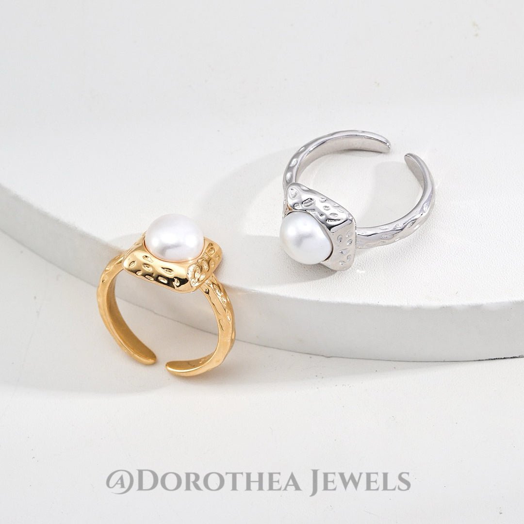 Hammered Pearl Statement Open Ring - DOROTHEA JEWELS