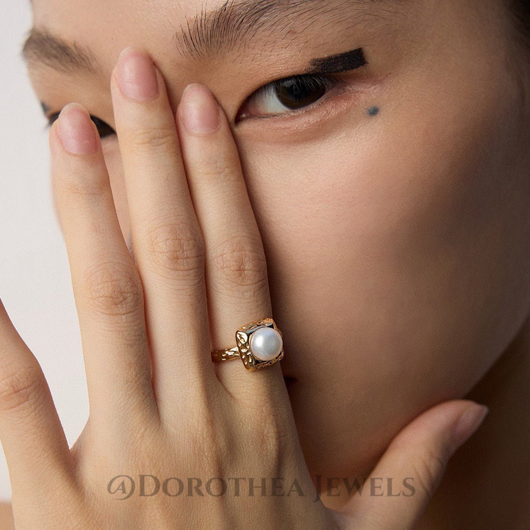 Hammered Pearl Statement Open Ring - DOROTHEA JEWELS