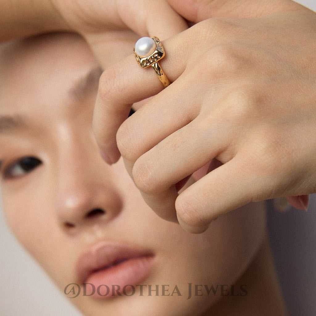 Hammered Pearl Statement Open Ring - DOROTHEA JEWELS