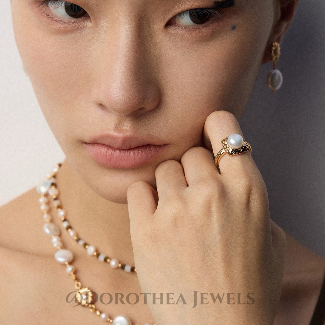 Hammered Pearl Statement Open Ring - DOROTHEA JEWELS