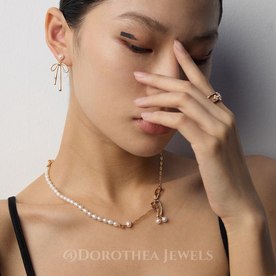 Dainty Bow Pearl Necklace | Sterling Silver Asymmetric Chain - DOROTHEA JEWELS