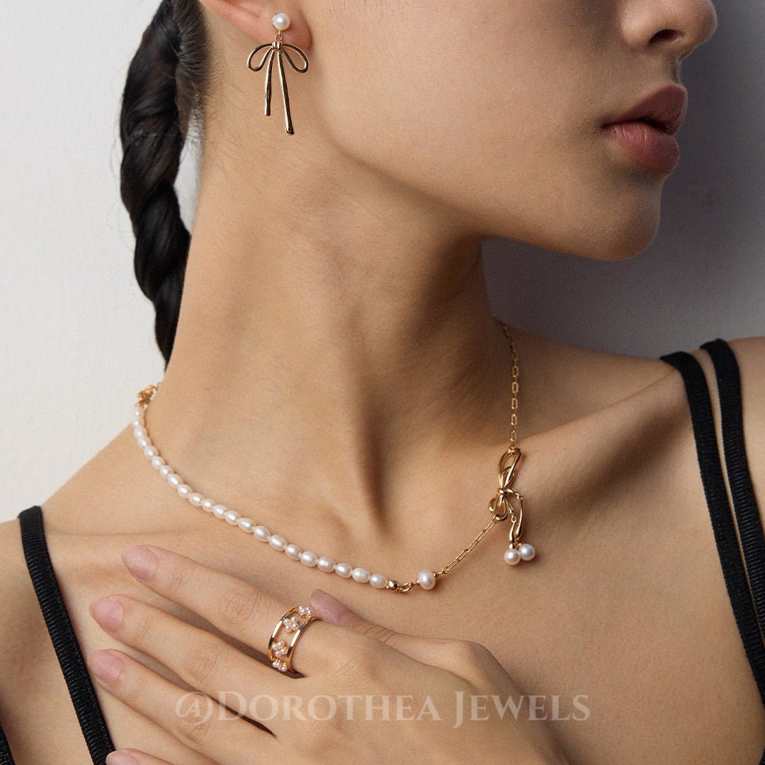 Dainty Bow Pearl Necklace | Sterling Silver Asymmetric Chain - DOROTHEA JEWELS