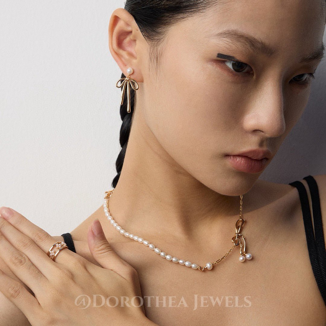 Dainty Bow Pearl Necklace | Sterling Silver Asymmetric Chain - DOROTHEA JEWELS