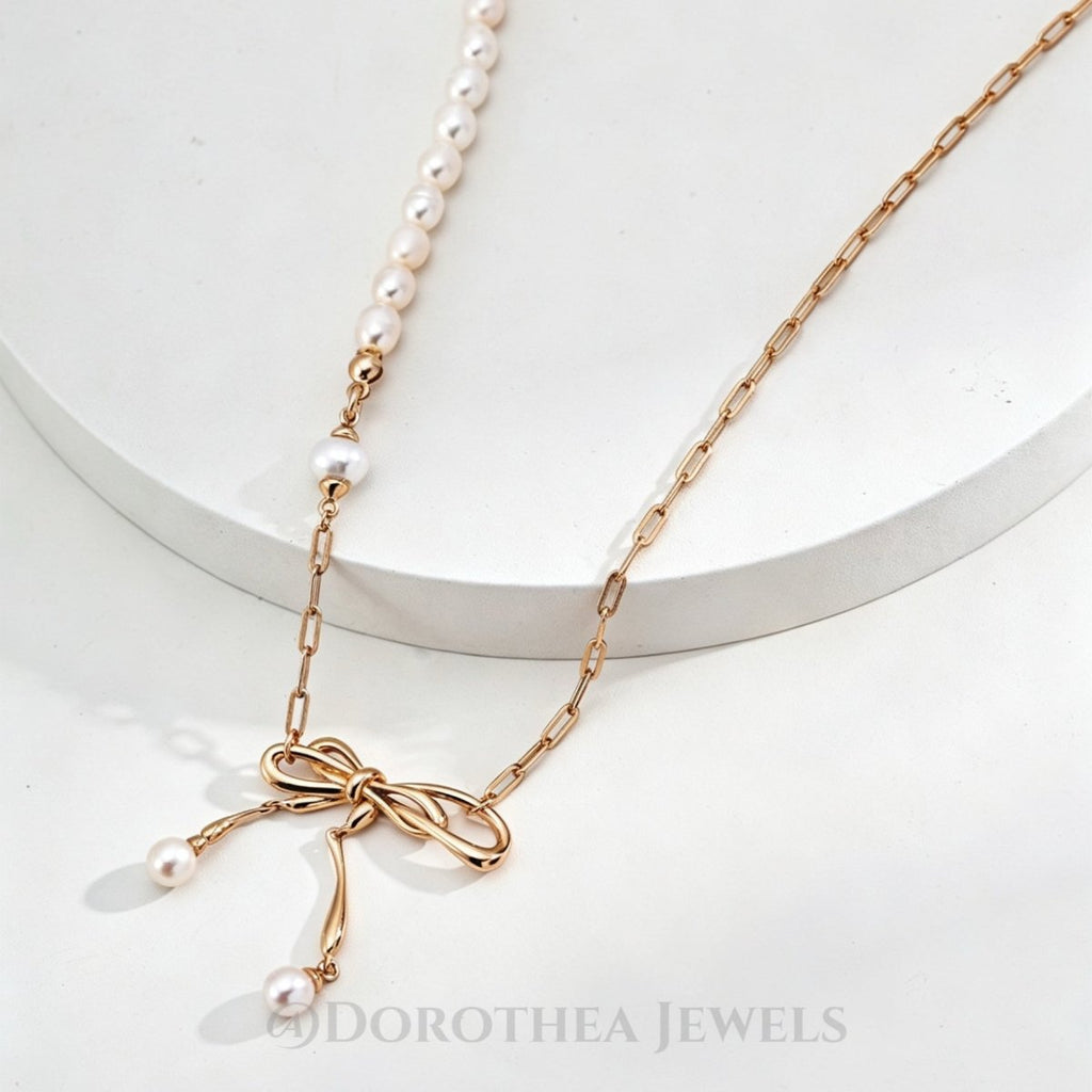 Dainty Bow Pearl Necklace | Sterling Silver Asymmetric Chain - DOROTHEA JEWELS