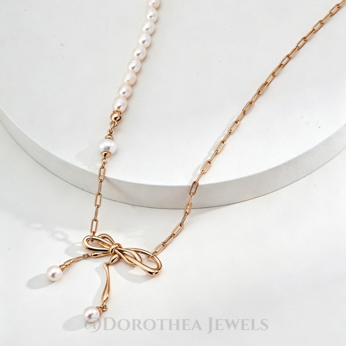 Dainty Bow Pearl Necklace | Sterling Silver Asymmetric Chain - DOROTHEA JEWELS