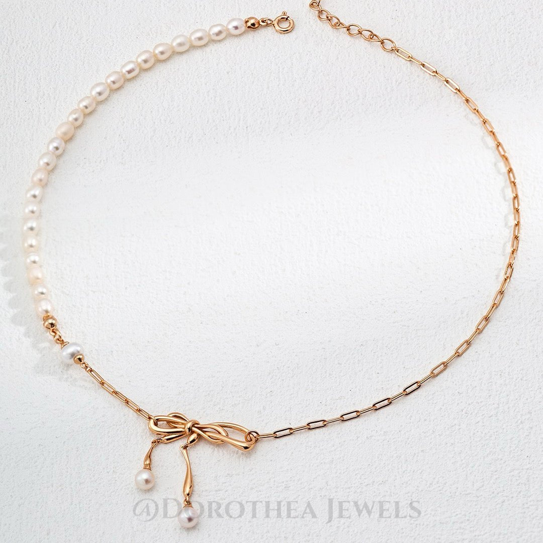 Dainty Bow Pearl Necklace | Sterling Silver Asymmetric Chain - DOROTHEA JEWELS