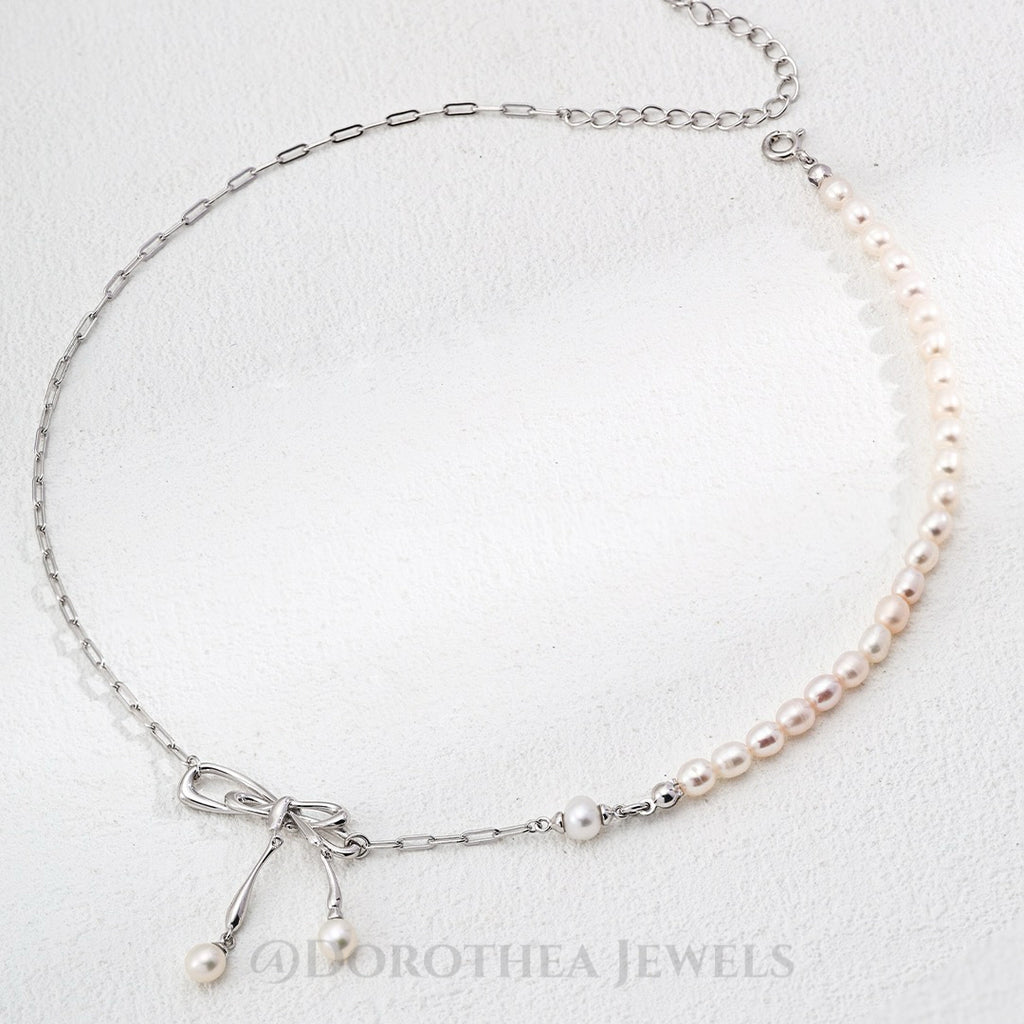 Dainty Bow Pearl Necklace | Sterling Silver Asymmetric Chain - DOROTHEA JEWELS