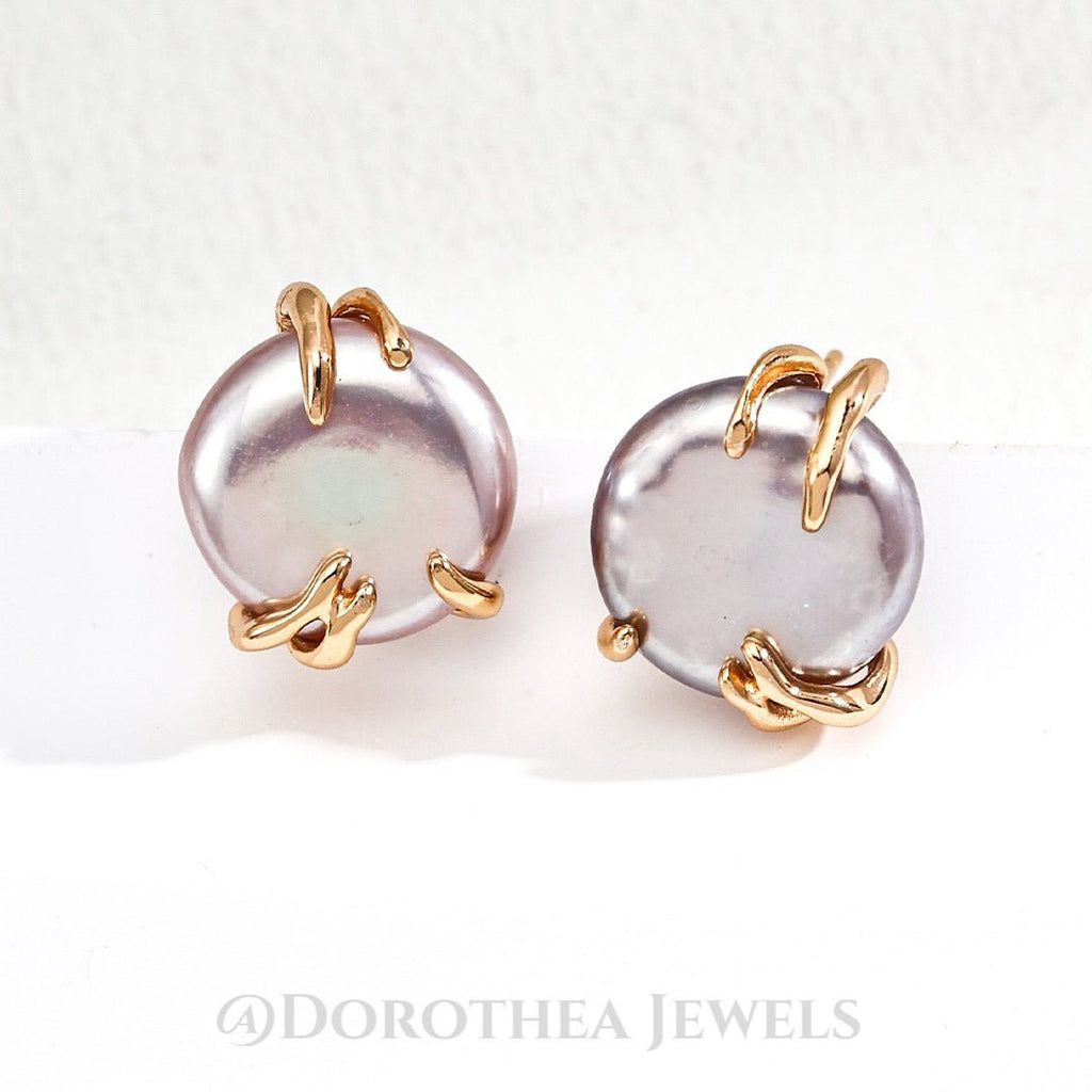 Lavender Iridescent Coin Pearl Stud Earrings | Vintage Gold Plated S925 Silver - DOROTHEA JEWELS