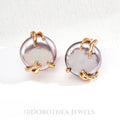 Lavender Iridescent Coin Pearl Stud Earrings | Vintage Gold Plated S925 Silver - DOROTHEA JEWELS