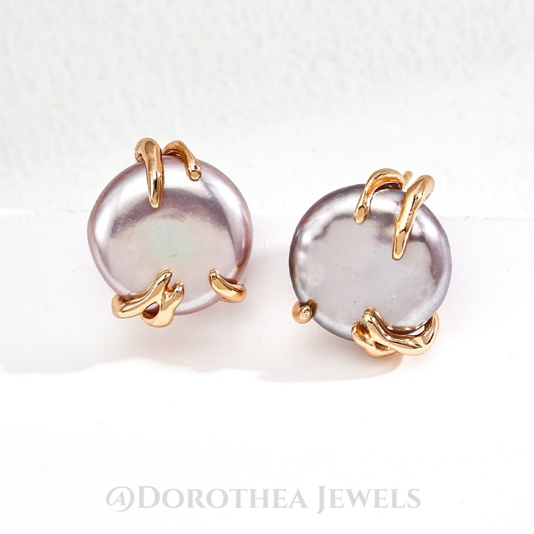 Lavender Iridescent Coin Pearl Stud Earrings | Vintage Gold Plated S925 Silver - DOROTHEA JEWELS
