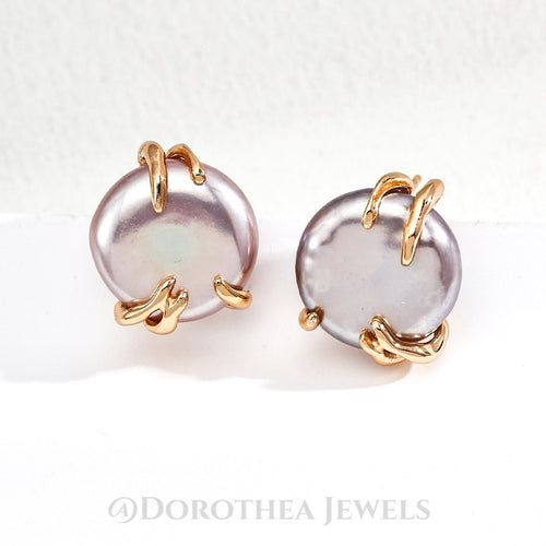 Lavender Iridescent Coin Pearl Stud Earrings | Vintage Gold Plated S925 Silver - DOROTHEA JEWELS