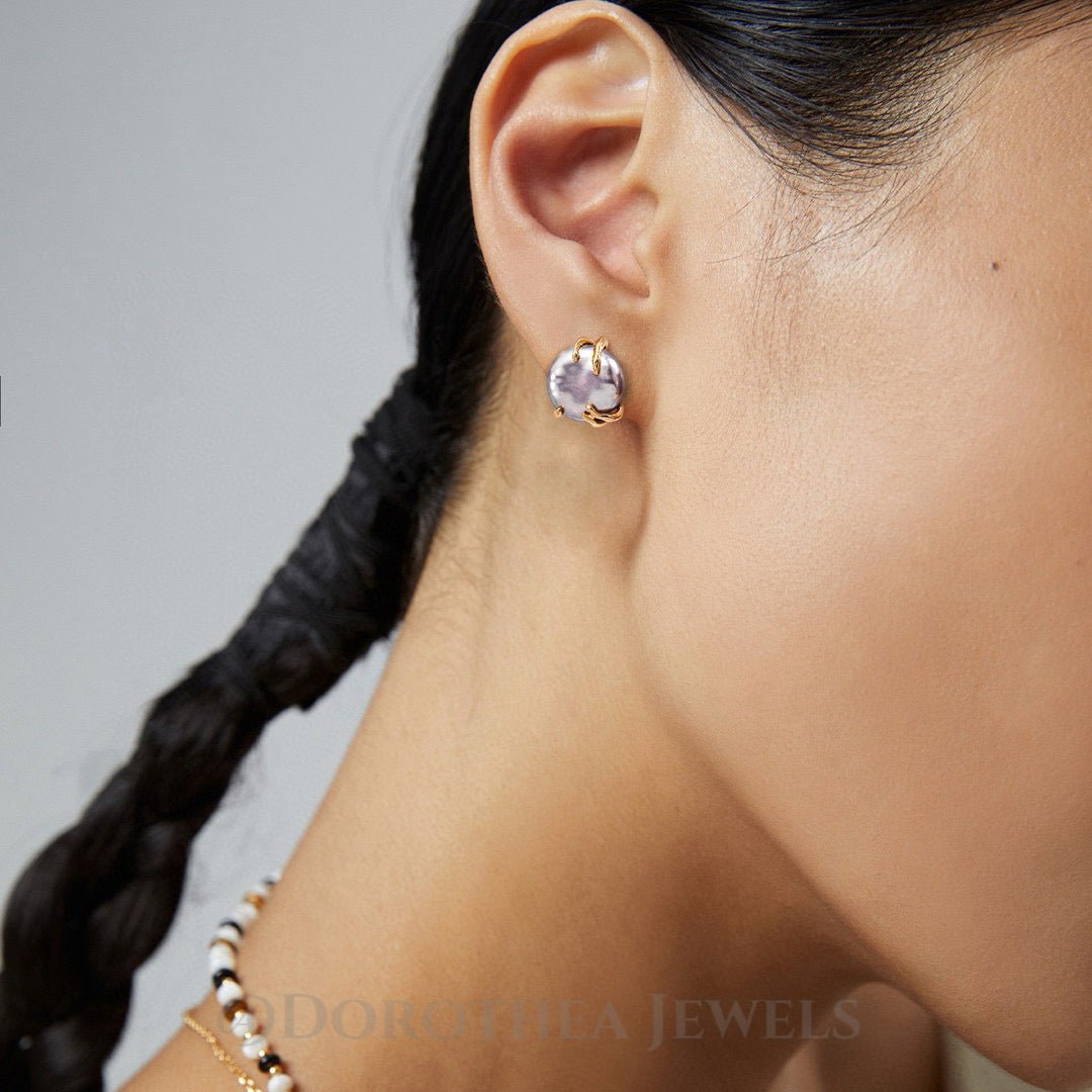 Lavender Iridescent Coin Pearl Stud Earrings | Vintage Gold Plated S925 Silver - DOROTHEA JEWELS