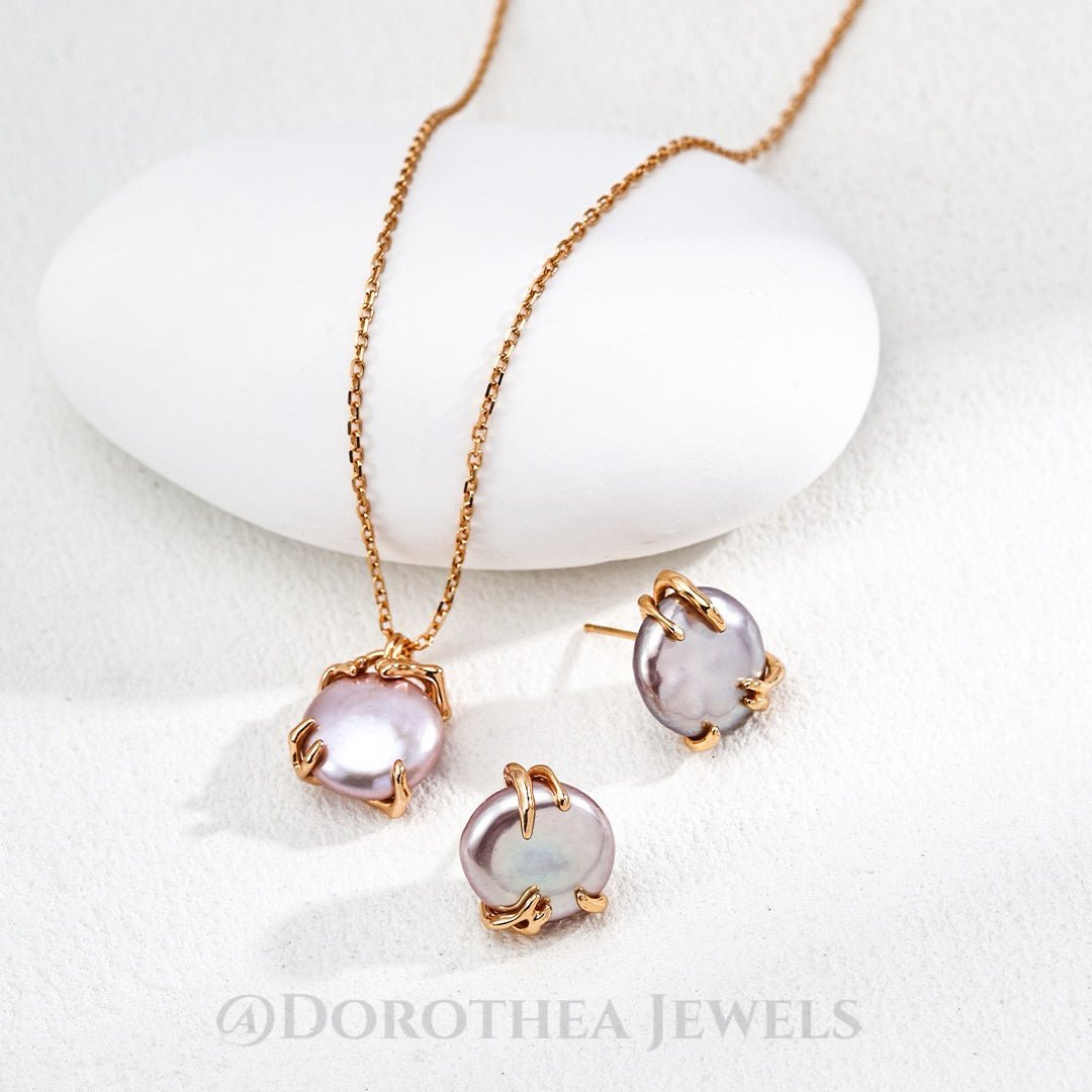 Lavender Iridescent Coin Pearl Stud Earrings | Vintage Gold Plated S925 Silver - DOROTHEA JEWELS