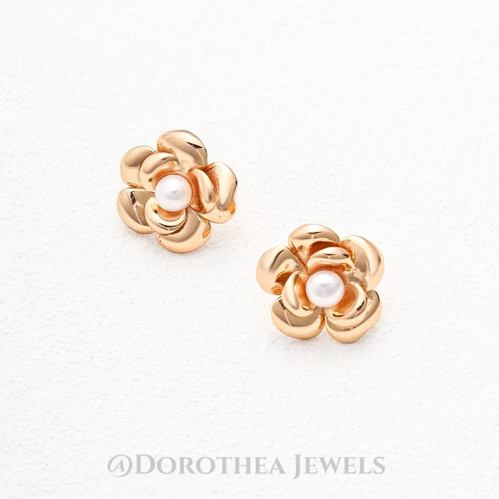 Camellia Pearl Studs | S925 Silver, Natural Pearl, 2 - Tone - DOROTHEA JEWELS