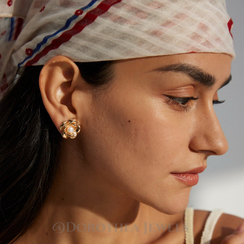 Camellia Pearl Studs | S925 Silver, Natural Pearl, 2 - Tone - DOROTHEA JEWELS