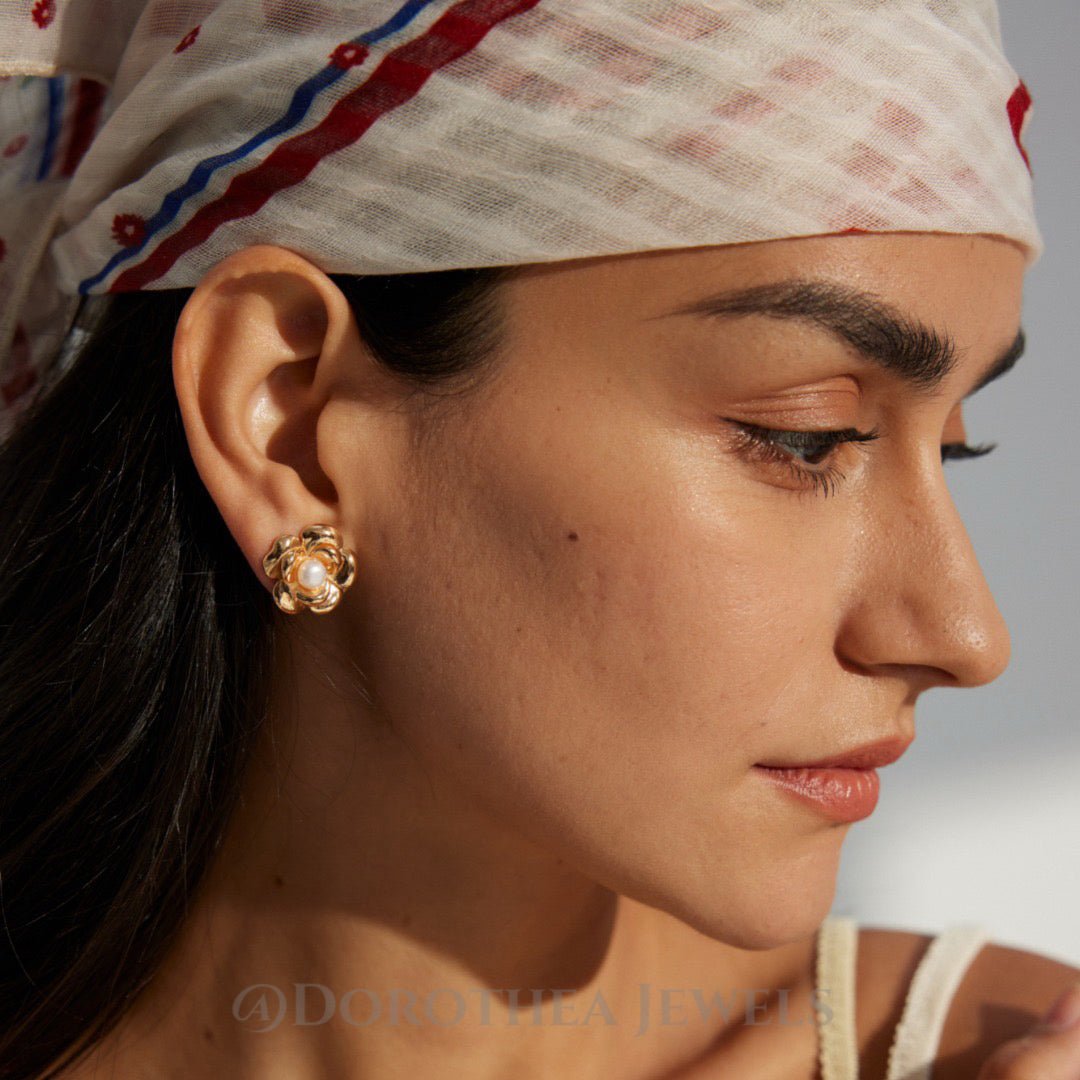 Camellia Pearl Studs | S925 Silver, Natural Pearl, 2 - Tone - DOROTHEA JEWELS