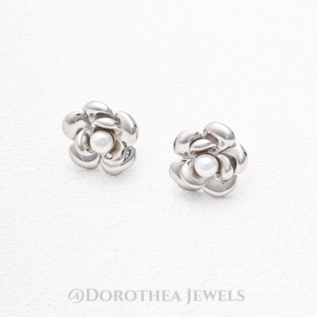 Camellia Pearl Studs | S925 Silver, Natural Pearl, 2 - Tone - DOROTHEA JEWELS