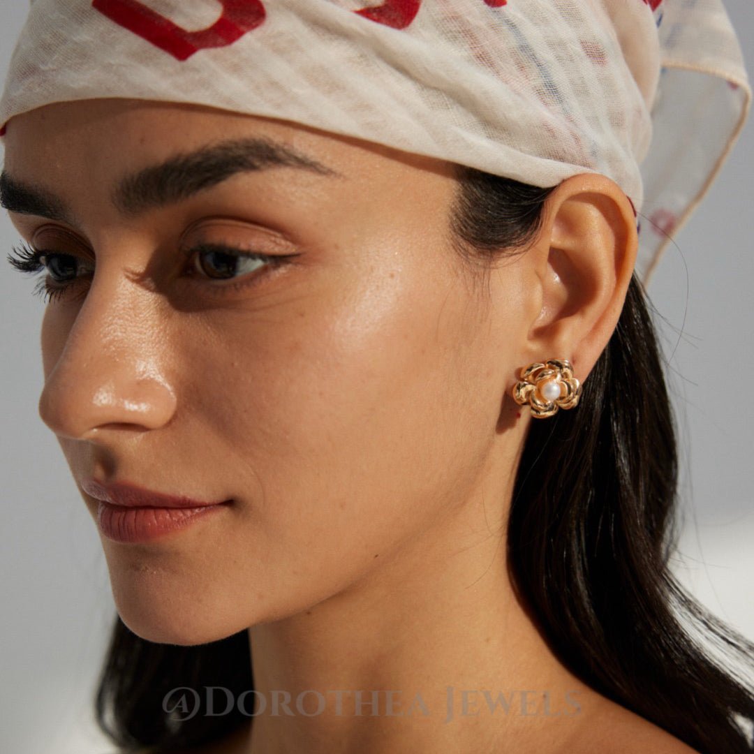 Camellia Pearl Studs | S925 Silver, Natural Pearl, 2 - Tone - DOROTHEA JEWELS