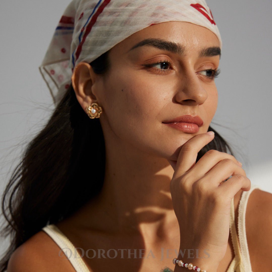 Camellia Pearl Studs | S925 Silver, Natural Pearl, 2 - Tone - DOROTHEA JEWELS