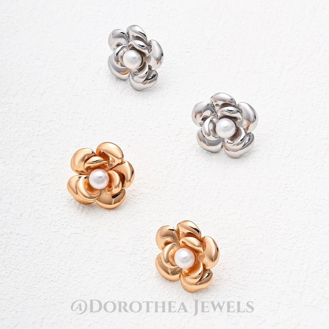 Camellia Pearl Studs | S925 Silver, Natural Pearl, 2 - Tone - DOROTHEA JEWELS