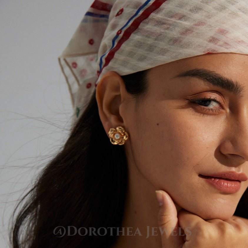 Camellia Pearl Studs | S925 Silver, Natural Pearl, 2 - Tone - DOROTHEA JEWELS