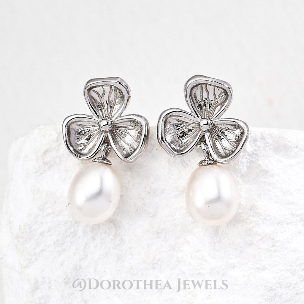 Clover Freshwater Pearl Drop Earrings - 925 Sterling Silver - DOROTHEA JEWELS