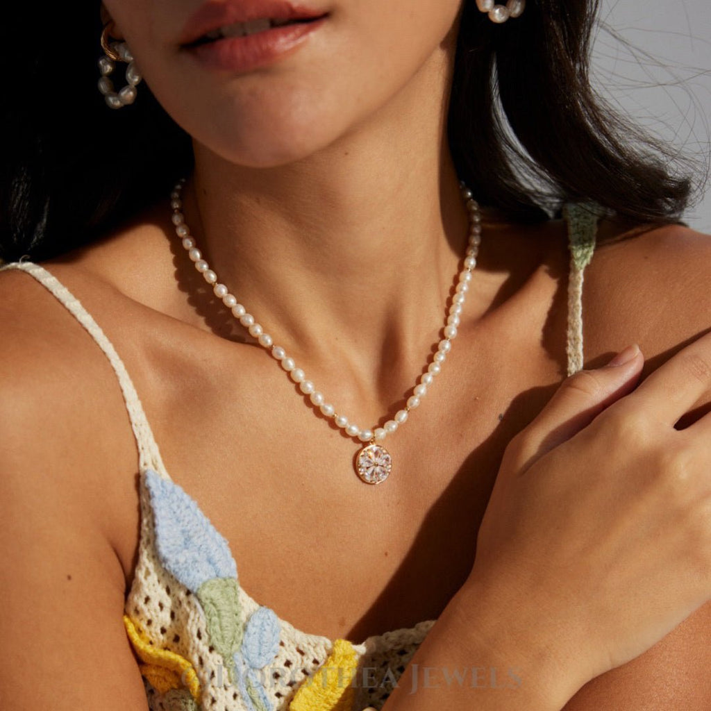 Floral CZ Pendant Natural Pearl Necklace - 925 Sterling Silver - DOROTHEA JEWELS