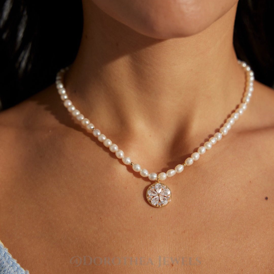 Floral CZ Pendant Natural Pearl Necklace - 925 Sterling Silver - DOROTHEA JEWELS