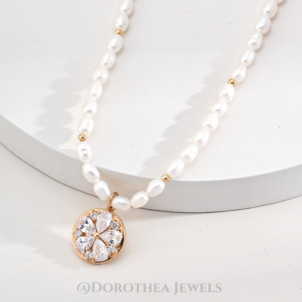 Floral CZ Pendant Natural Pearl Necklace - 925 Sterling Silver - DOROTHEA JEWELS