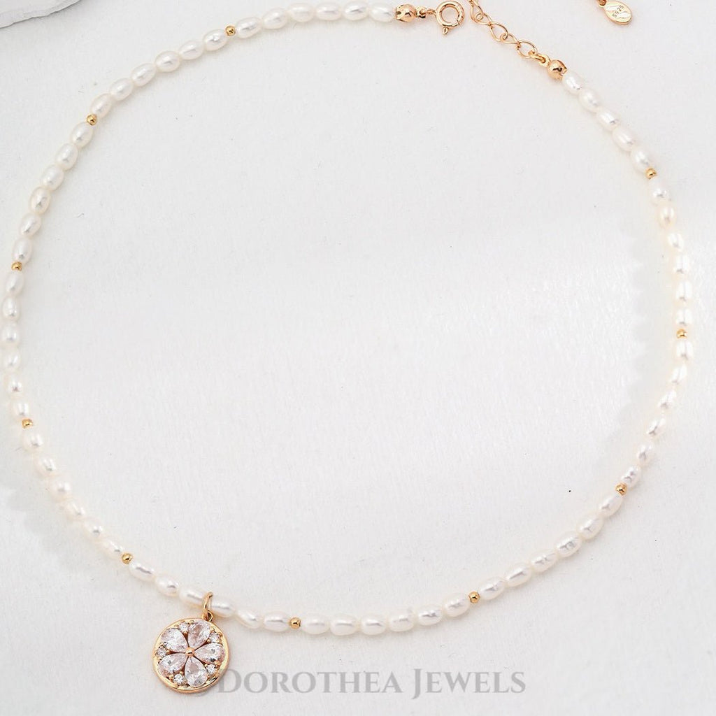 Floral CZ Pendant Natural Pearl Necklace - 925 Sterling Silver - DOROTHEA JEWELS