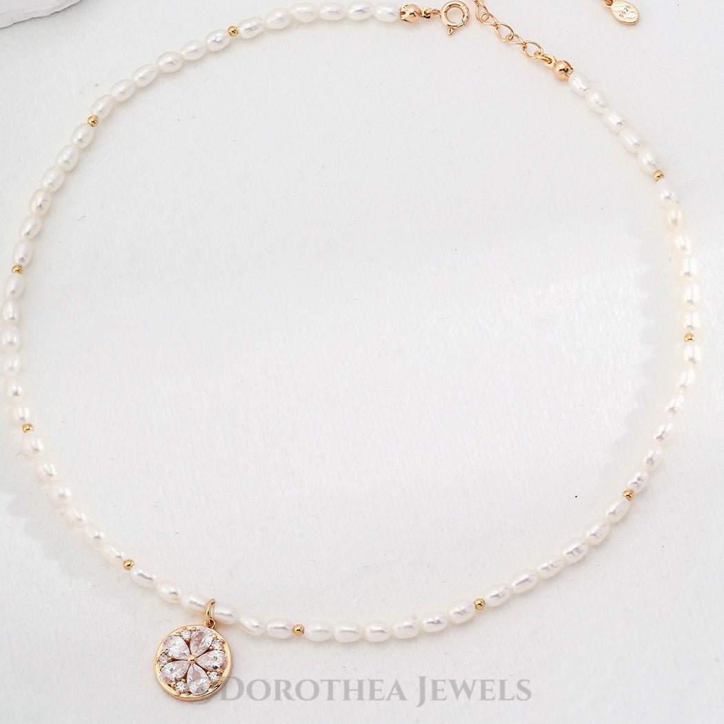 Floral CZ Pendant Natural Pearl Necklace - 925 Sterling Silver - DOROTHEA JEWELS