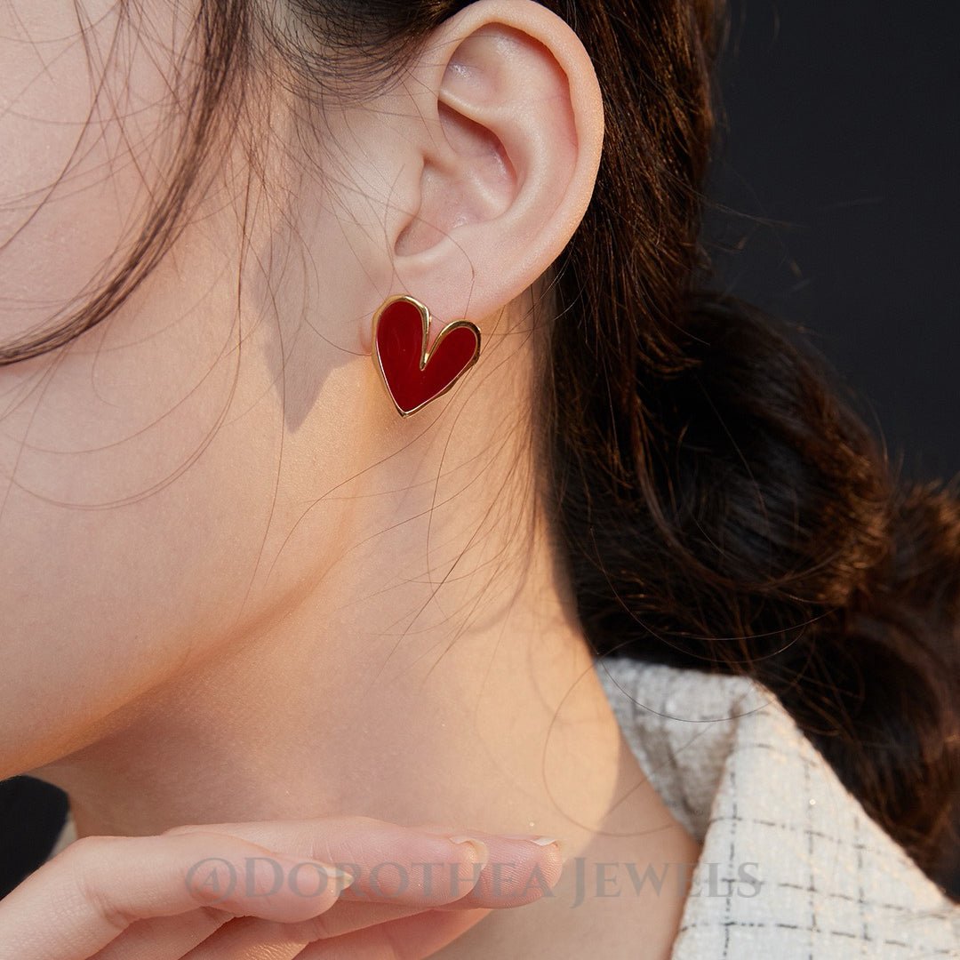 Vintage Red Heart Enamel Stud Earrings | S925 Silver Base - DOROTHEA JEWELS