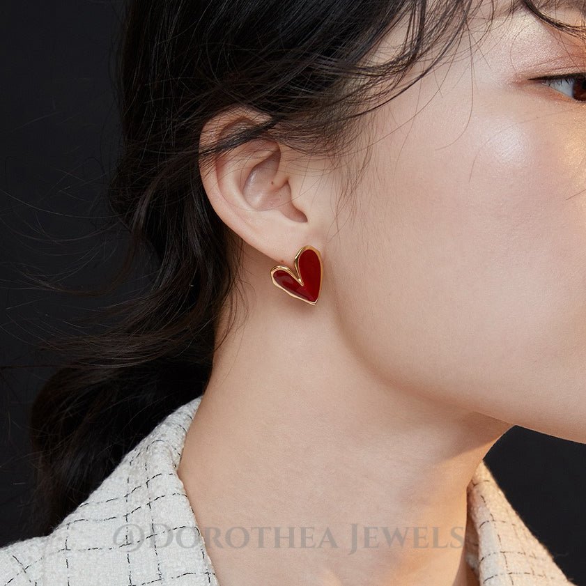 Vintage Red Heart Enamel Stud Earrings | S925 Silver Base - DOROTHEA JEWELS
