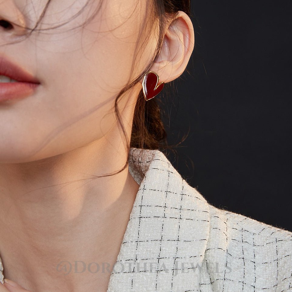 Vintage Red Heart Enamel Stud Earrings | S925 Silver Base - DOROTHEA JEWELS