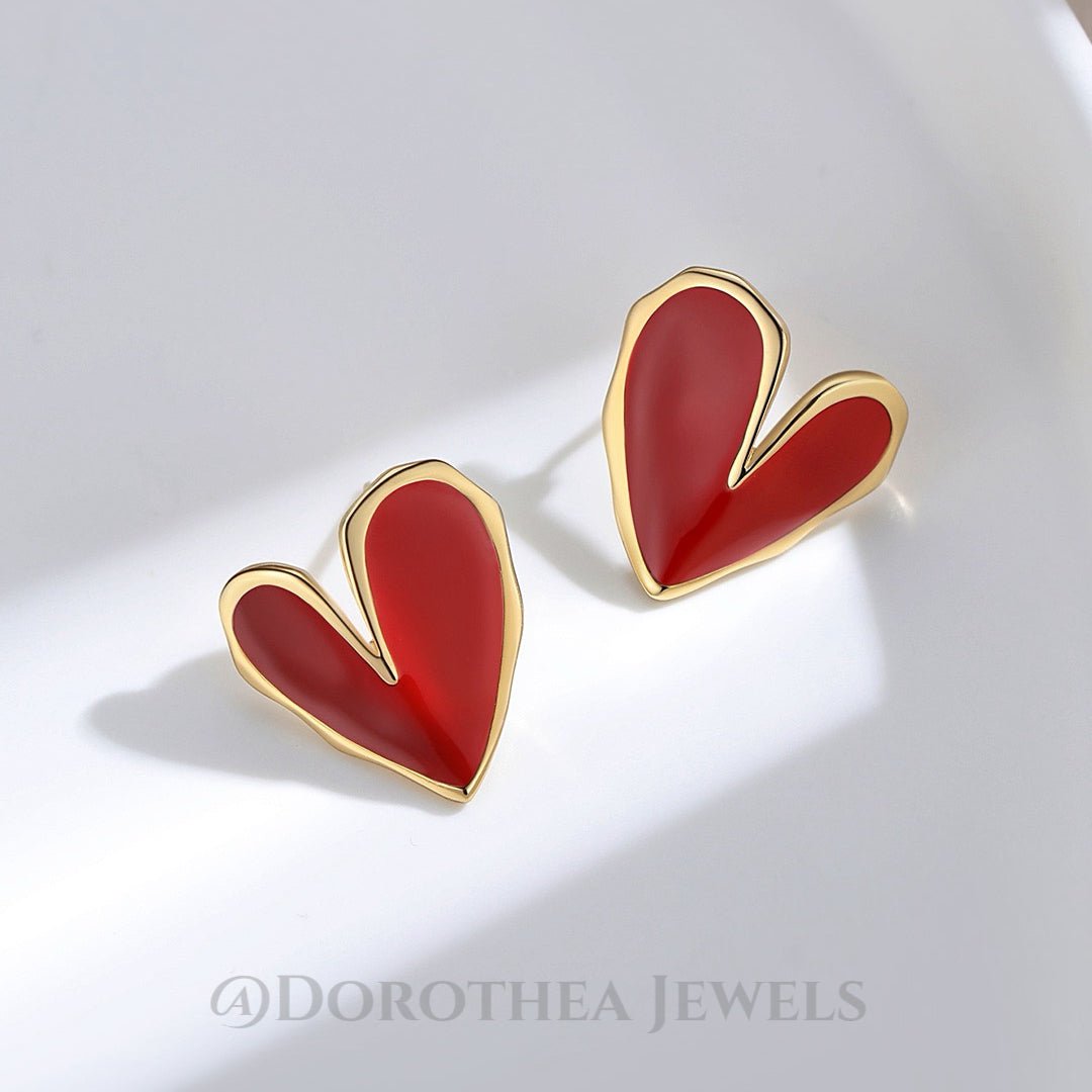 Vintage Red Heart Enamel Stud Earrings | S925 Silver Base - DOROTHEA JEWELS