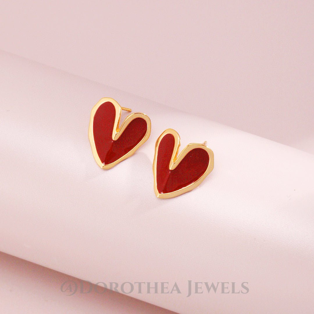 Vintage Red Heart Enamel Stud Earrings | S925 Silver Base - DOROTHEA JEWELS