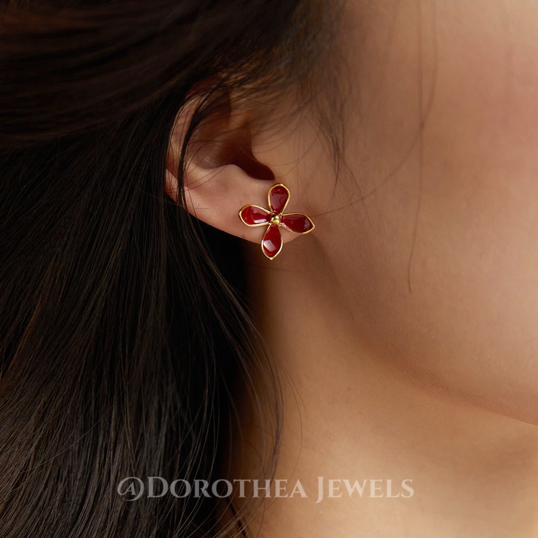 Chic Red Floral Enamel Studs｜S925 Sterling Silver - DOROTHEA JEWELS